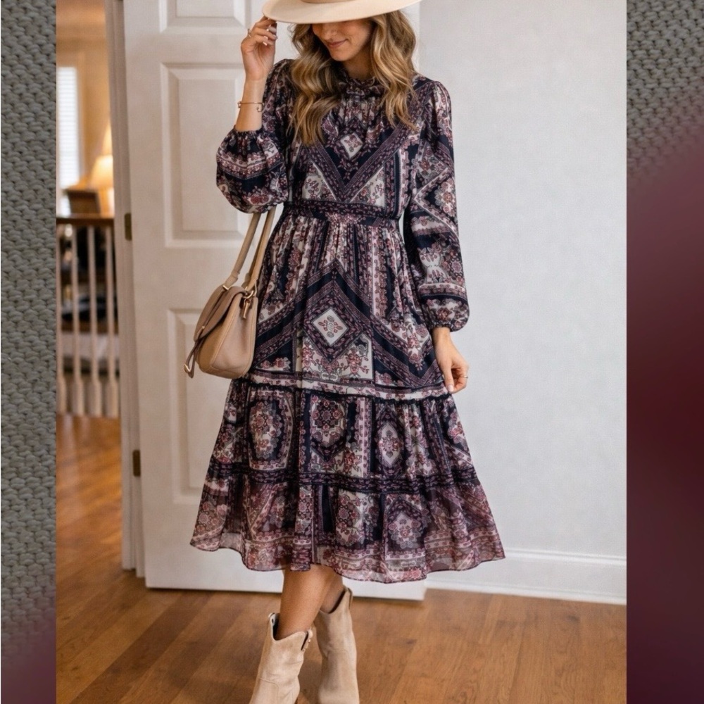 Julia Jordan Navy Blue Patterned Long Sleeve Dress